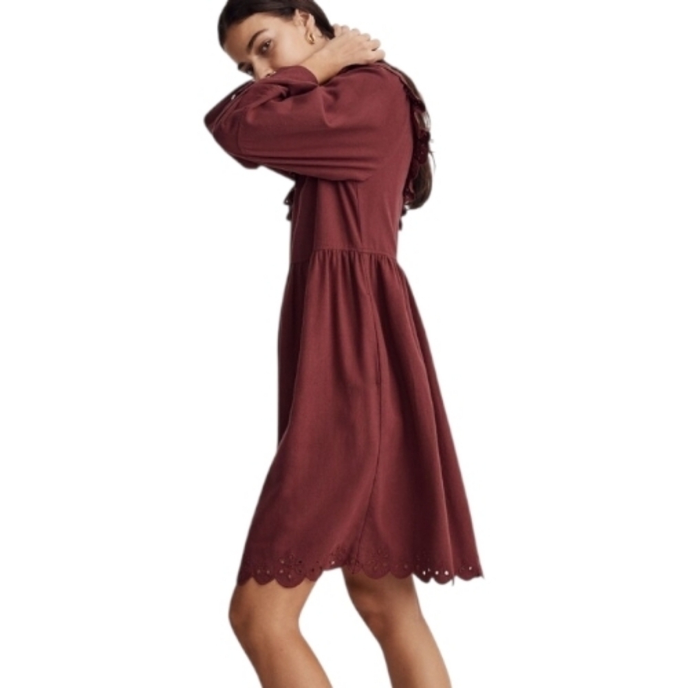 Madewell Embroidered Ruffled Flannel Mini Dress In Vintage Mulberry. Cottagecore - Picture 3 of 14